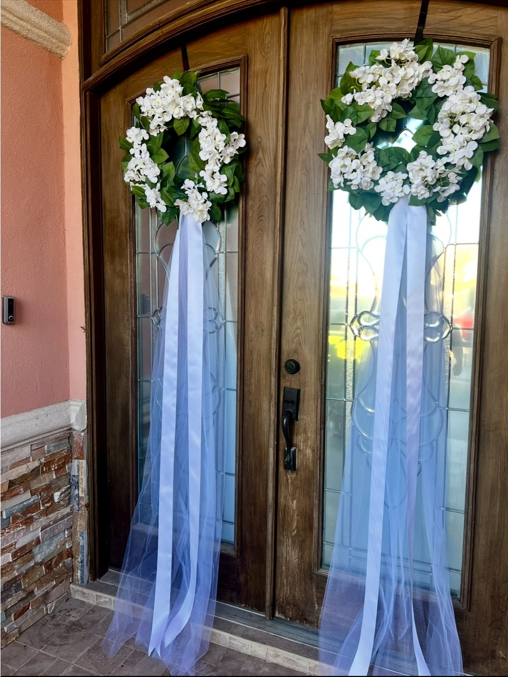 White Floral Wreath with Long Blue Ribbon Streamers - Home Accents